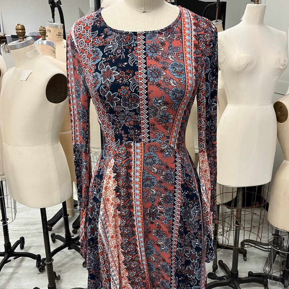 Floral Long Sleeve Dress - Blue and Red